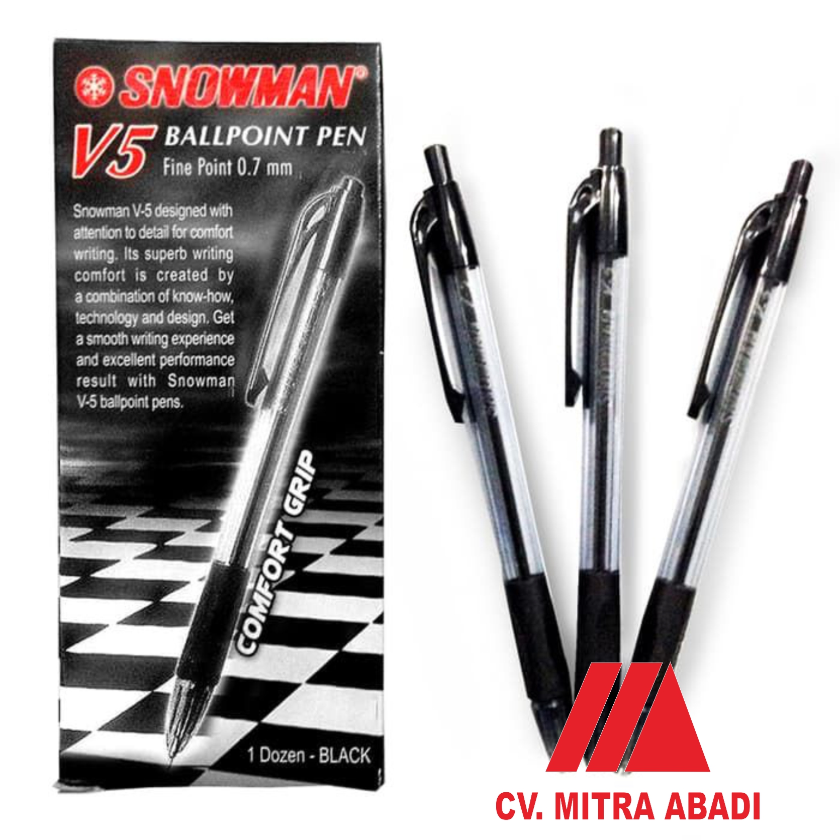 PULPEN SNOWMAN V5 (HITAM, BIRU DAN MERAH) (1 DUS ISI 12 PCS)